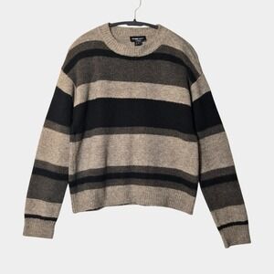 Fifteen Twenty Womens Striped Crew Neck Sweater Brown L Cozy Minimalist Neutral